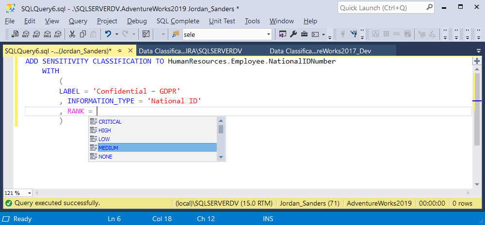 Sensitivity rank types for data classification in SQL Server 2019