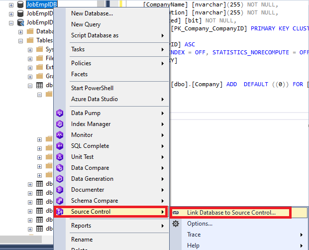 Link the database to Source Control